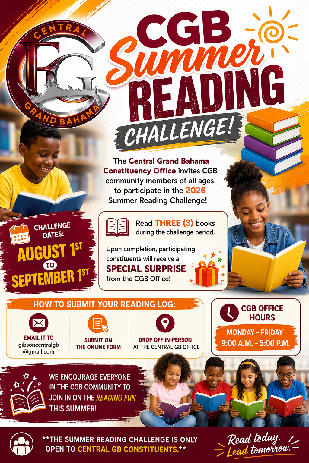 CGB Summer Reading Challenge 2026 flyer — August 1 to September 1